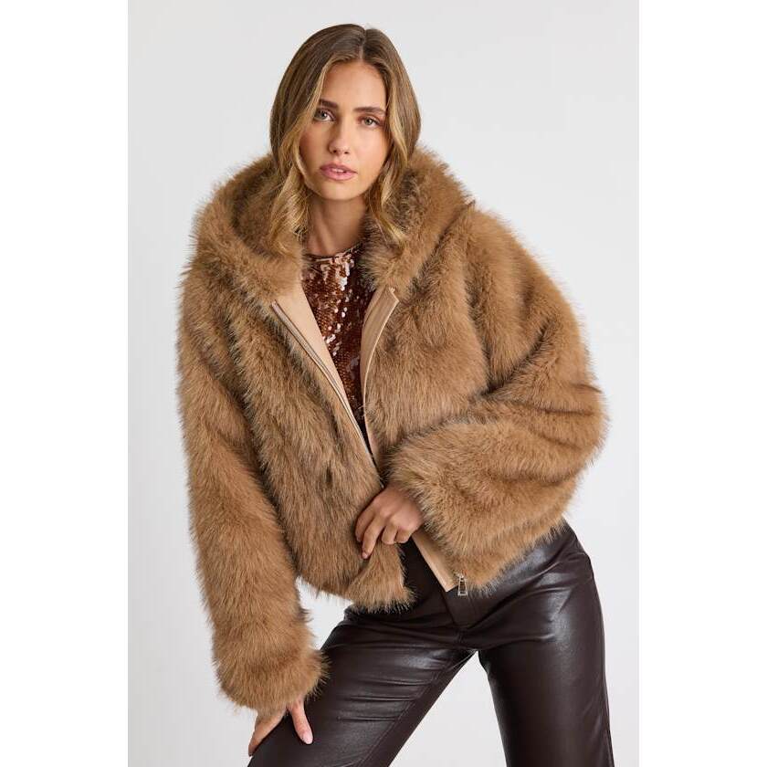 Azalea Wang Sugar Tan Faux Fur Hooded Zip-Up Coat Brown - Size S